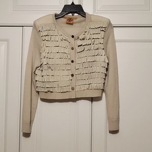 Tory Birch cropped cardigan with leather fringe details. NWOT